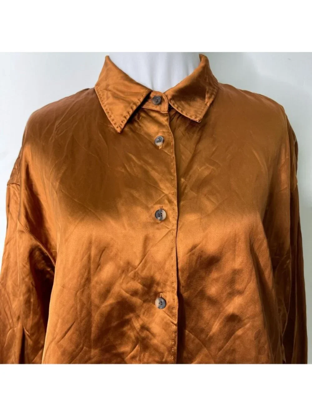 Lafayette 148 New York Naomi Crushed Satin Blouse Bronze Brown Size M Medium - Picture 2 of 12